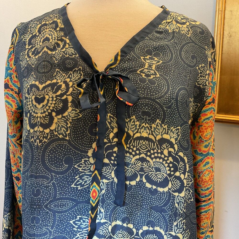 Johnny Was Navy Multicolor Silk Boho Tunic Blouse Tie Front Long Sleeve‎ Small - Picture 2 of 7